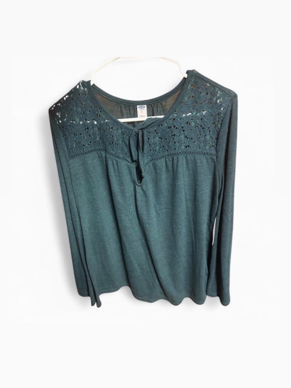 Old Navy Dark Teal Crochet Yoke Long Sleeve Blouse